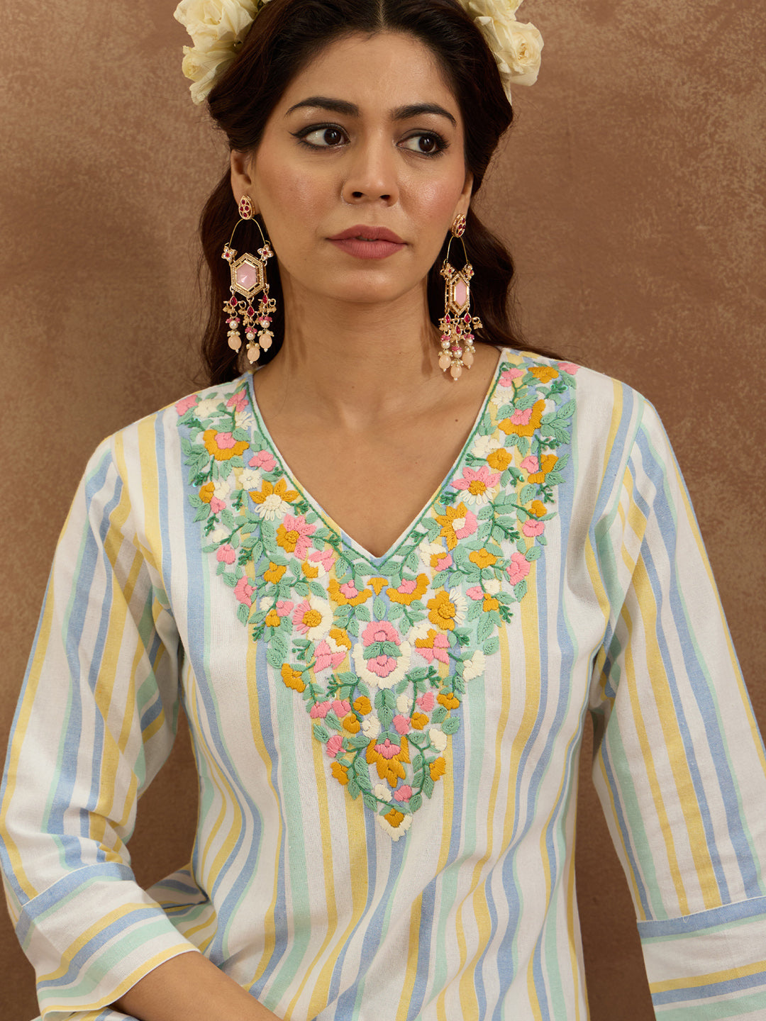Multi Embroidered Straight Kurta Trousers  Set