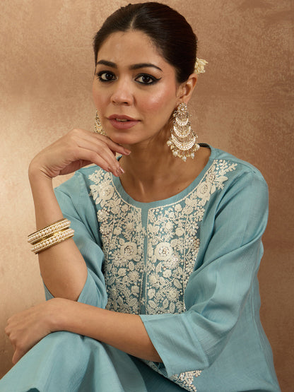 Indo Era Blue Embroidered Straight Kurta Trousers  Set