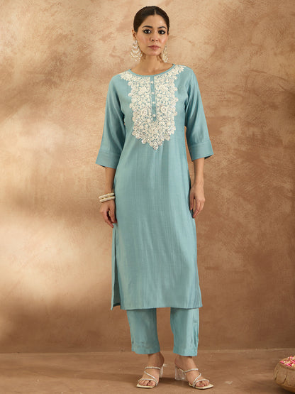 Indo Era Blue Embroidered Straight Kurta Trousers  Set
