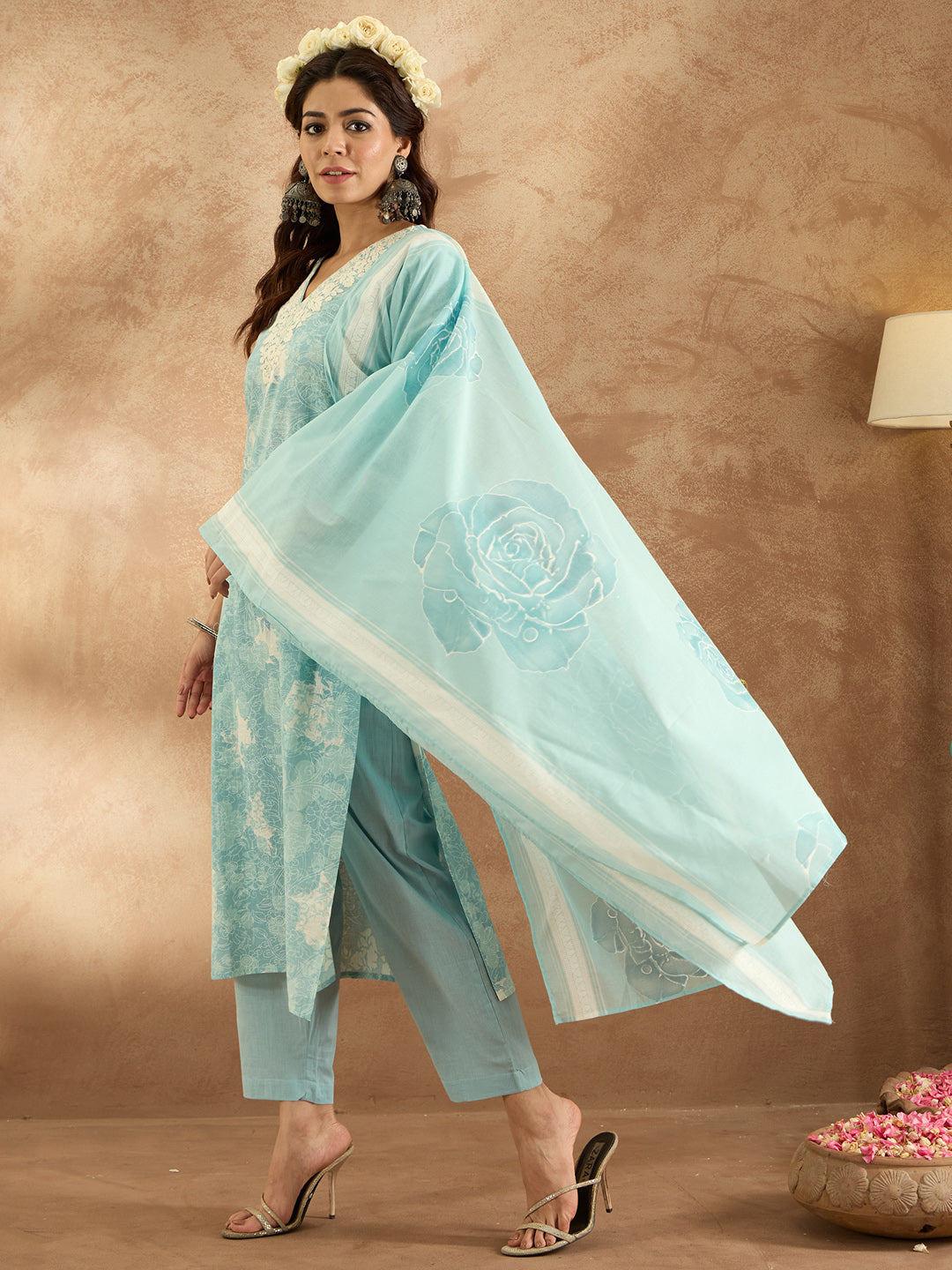 Indo Era Blue Embroidered Straight Kurta Trousers With Dupatta Set