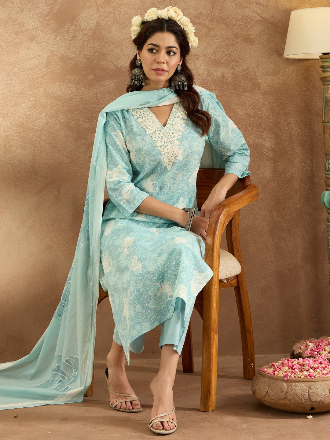 Indo Era Blue Embroidered Straight Kurta Trousers With Dupatta Set