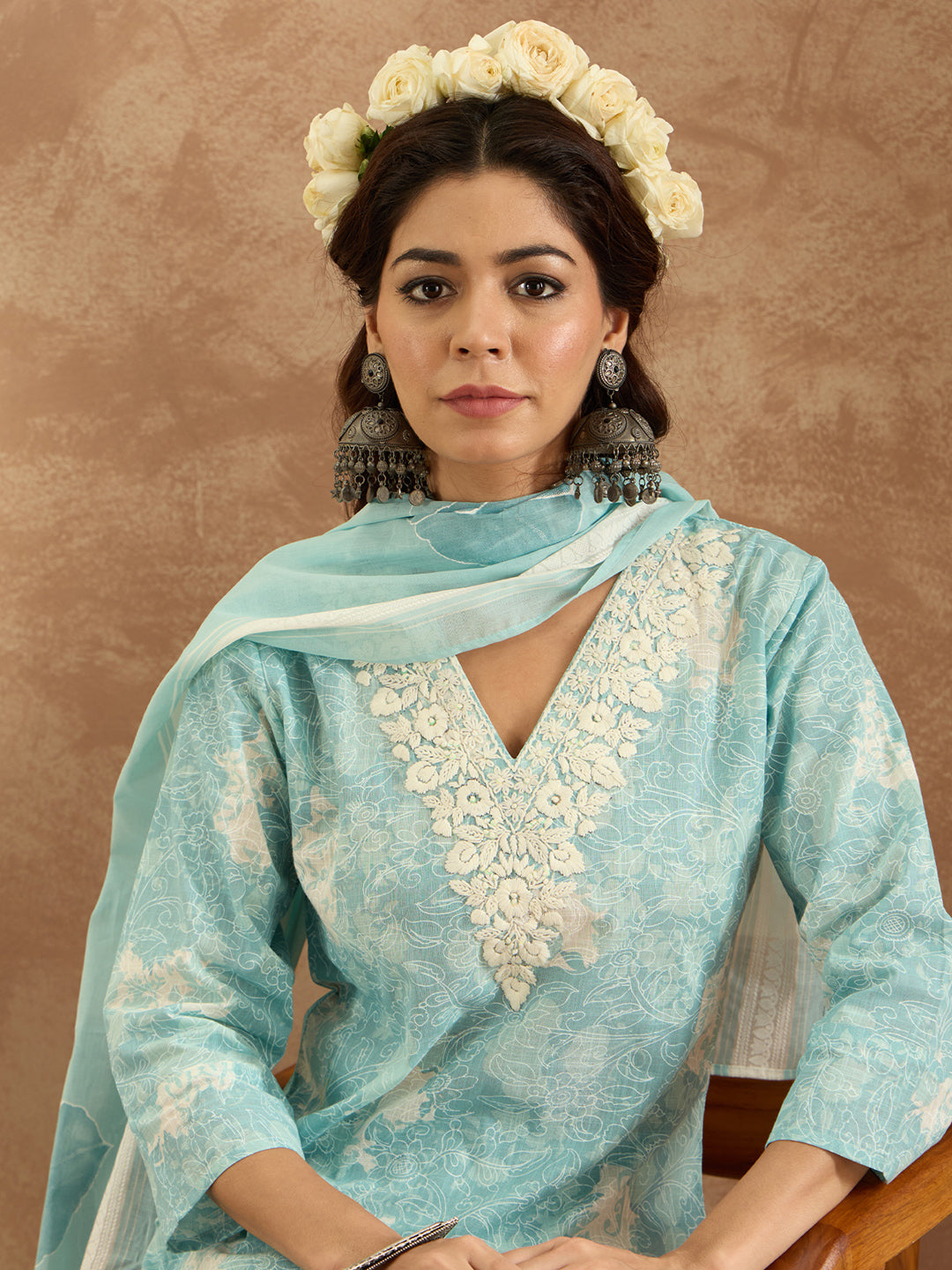 Indo Era Blue Embroidered Straight Kurta Trousers With Dupatta Set