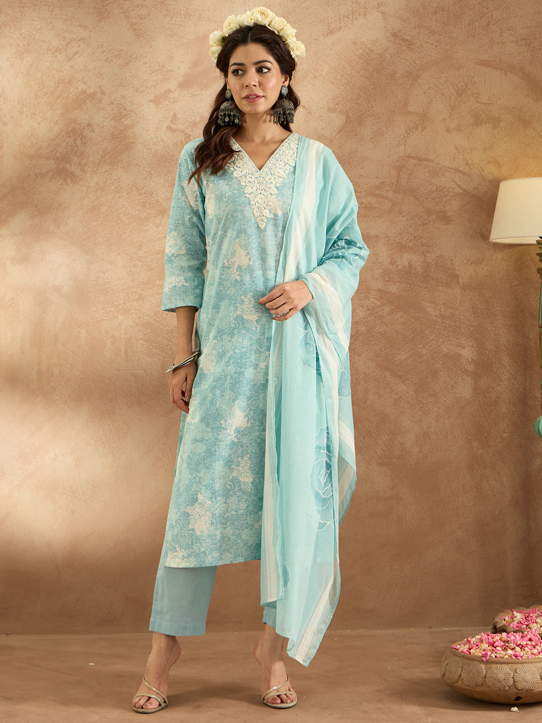 Indo Era Blue Embroidered Straight Kurta Trousers With Dupatta Set
