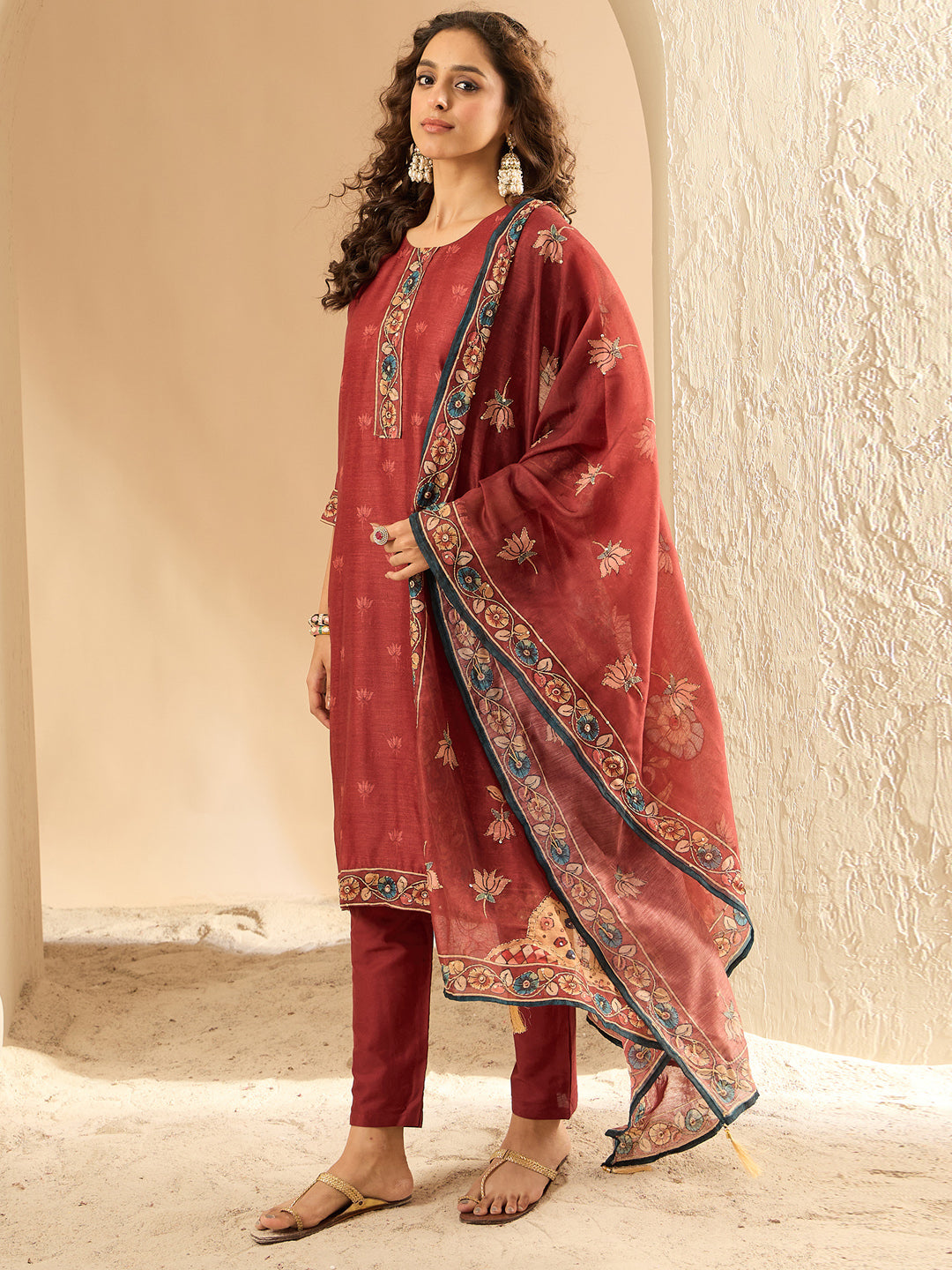 Maroon Embroidered Straight Kurta Trousers With Dupatta Set
