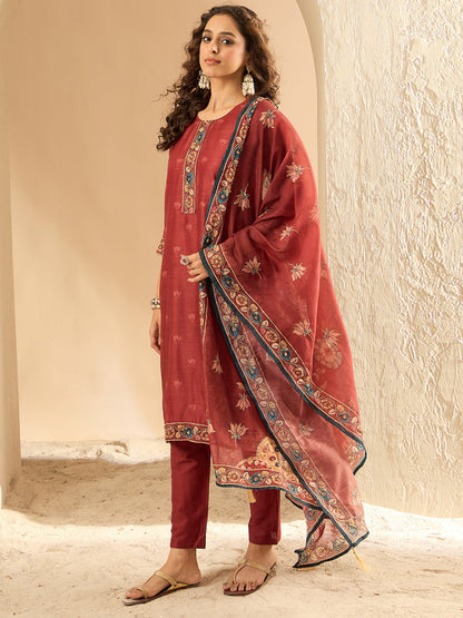 Maroon Embroidered Straight Kurta Trousers With Dupatta Set