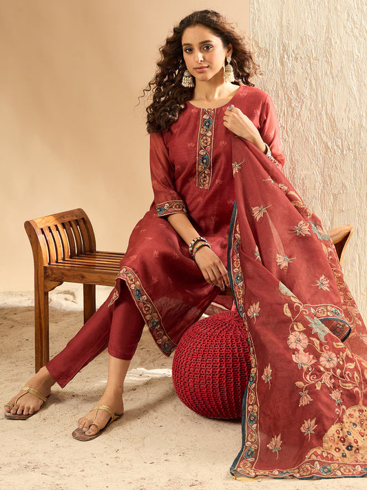 Maroon Embroidered Straight Kurta Trousers With Dupatta Set