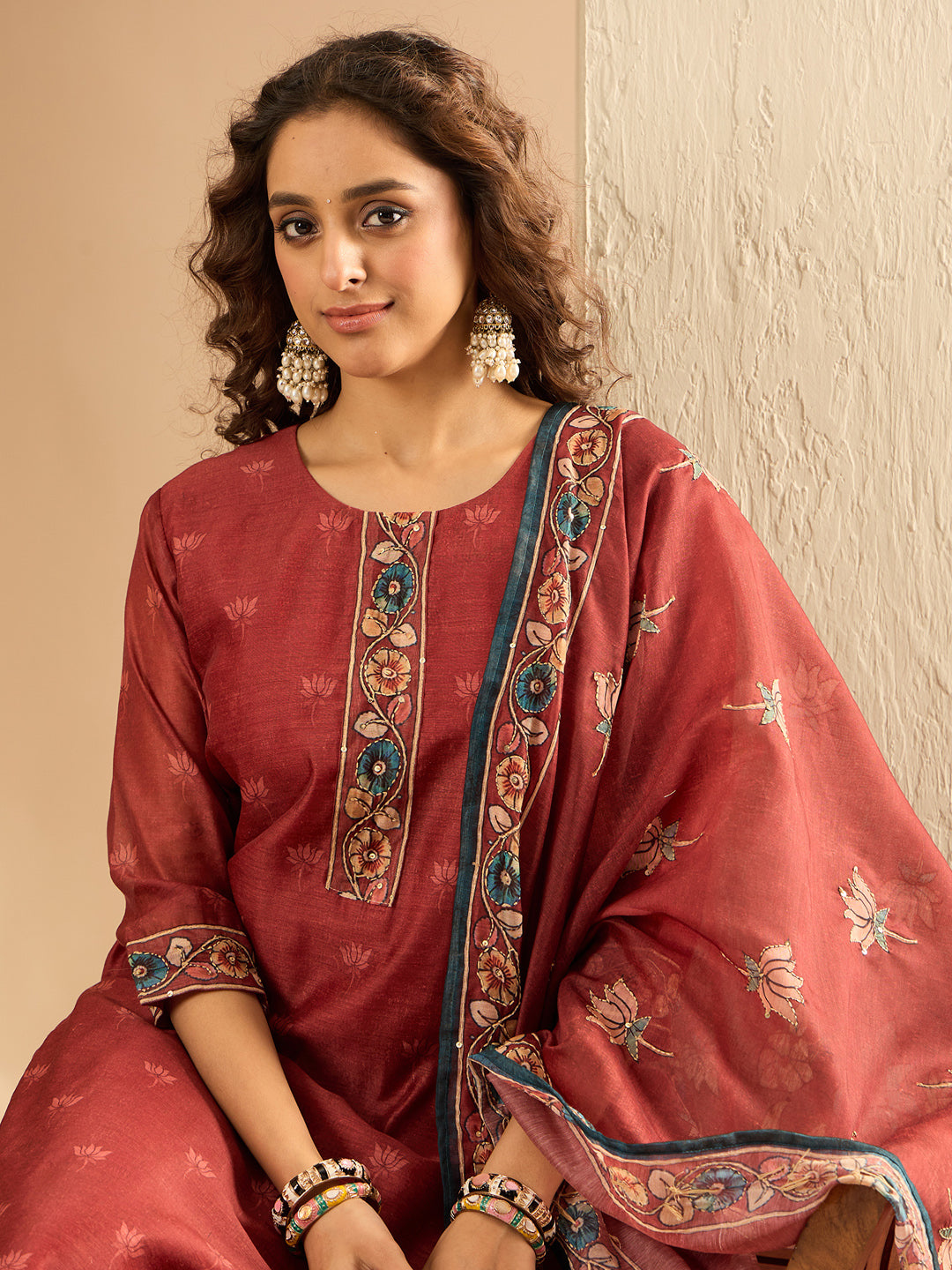 Maroon Embroidered Straight Kurta Trousers With Dupatta Set