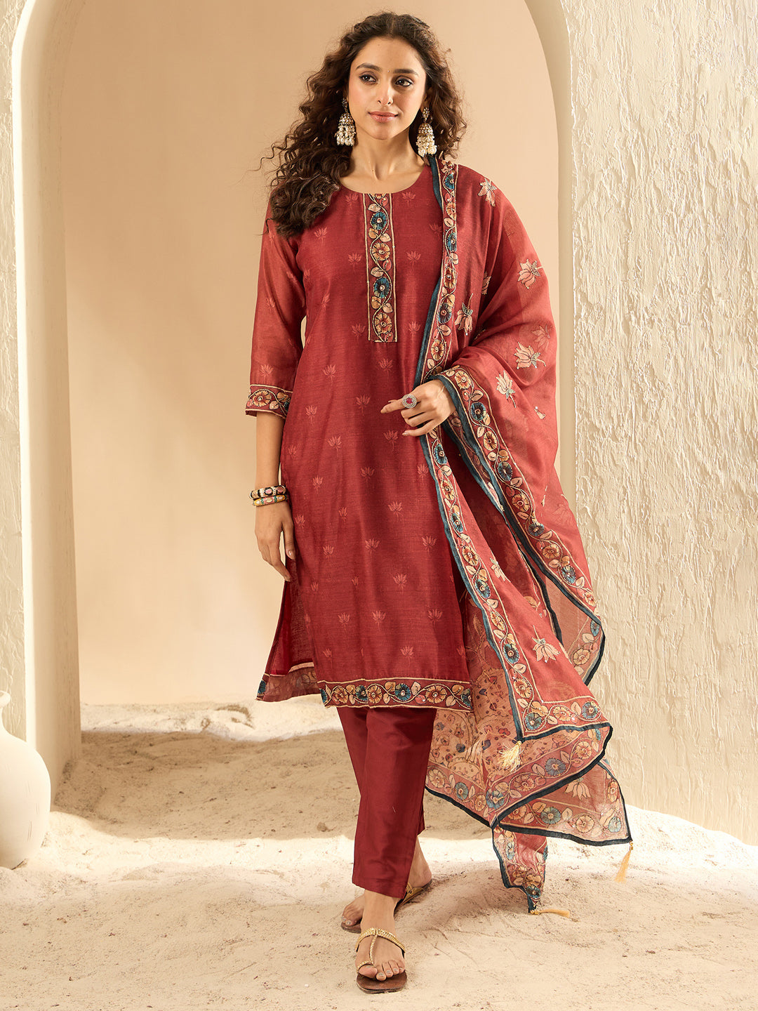 Maroon Embroidered Straight Kurta Trousers With Dupatta Set