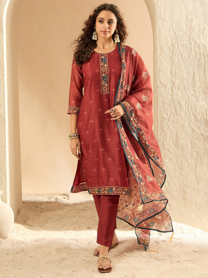 Maroon Embroidered Straight Kurta Trousers With Dupatta Set