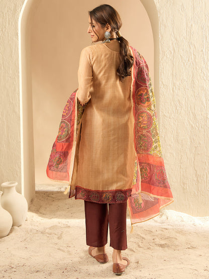 Indo Era Beige Embroidered Straight Kurta Trousers With Dupatta Set
