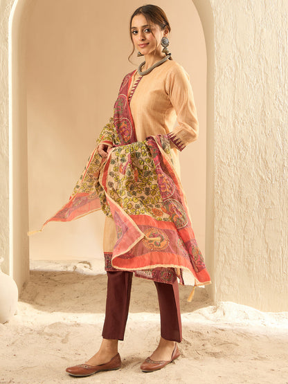 Indo Era Beige Embroidered Straight Kurta Trousers With Dupatta Set