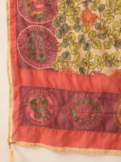 Indo Era Beige Embroidered Straight Kurta Trousers With Dupatta Set