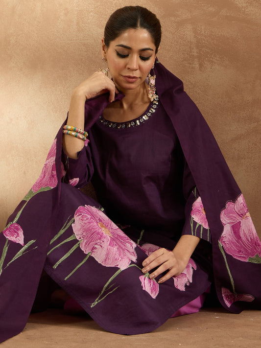 Indo Era Burgundy  Straight Kurta Trousers With Dupatta Set