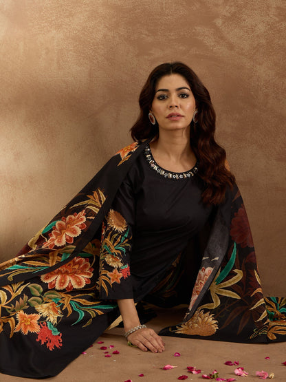 Indo Era Black  Straight Kurta Trousers With Dupatta Set