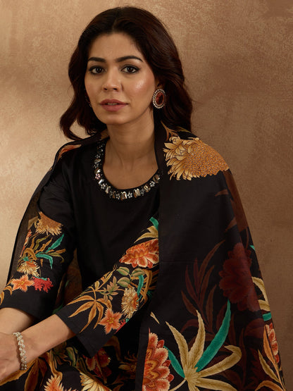 Indo Era Black  Straight Kurta Trousers With Dupatta Set