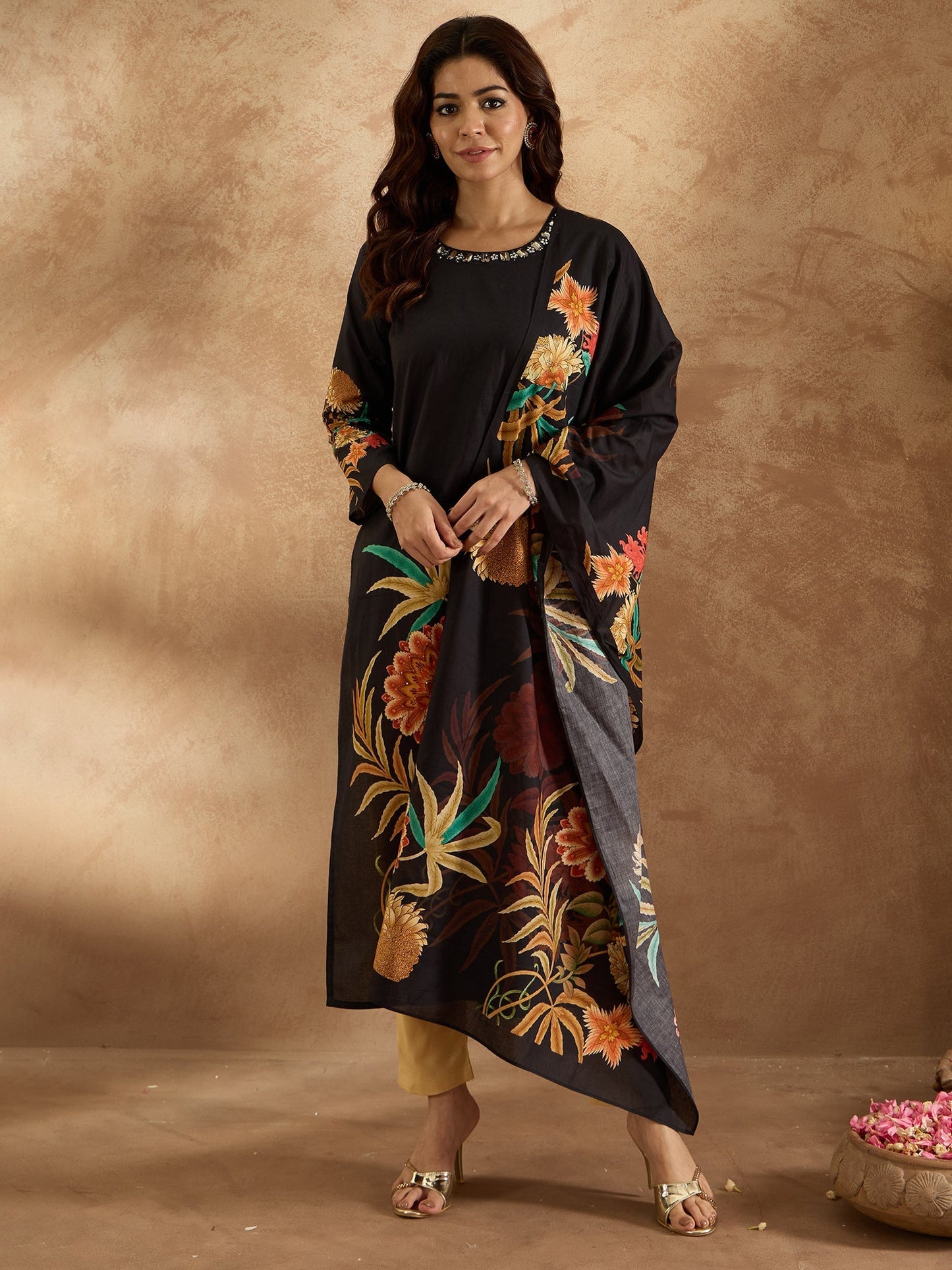 Indo Era Black  Straight Kurta Trousers With Dupatta Set
