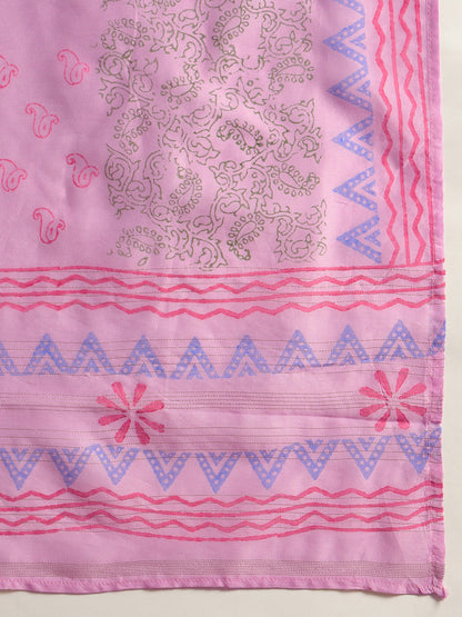 Lavender Embroidered Straight Kurta Trousers With Dupatta Set