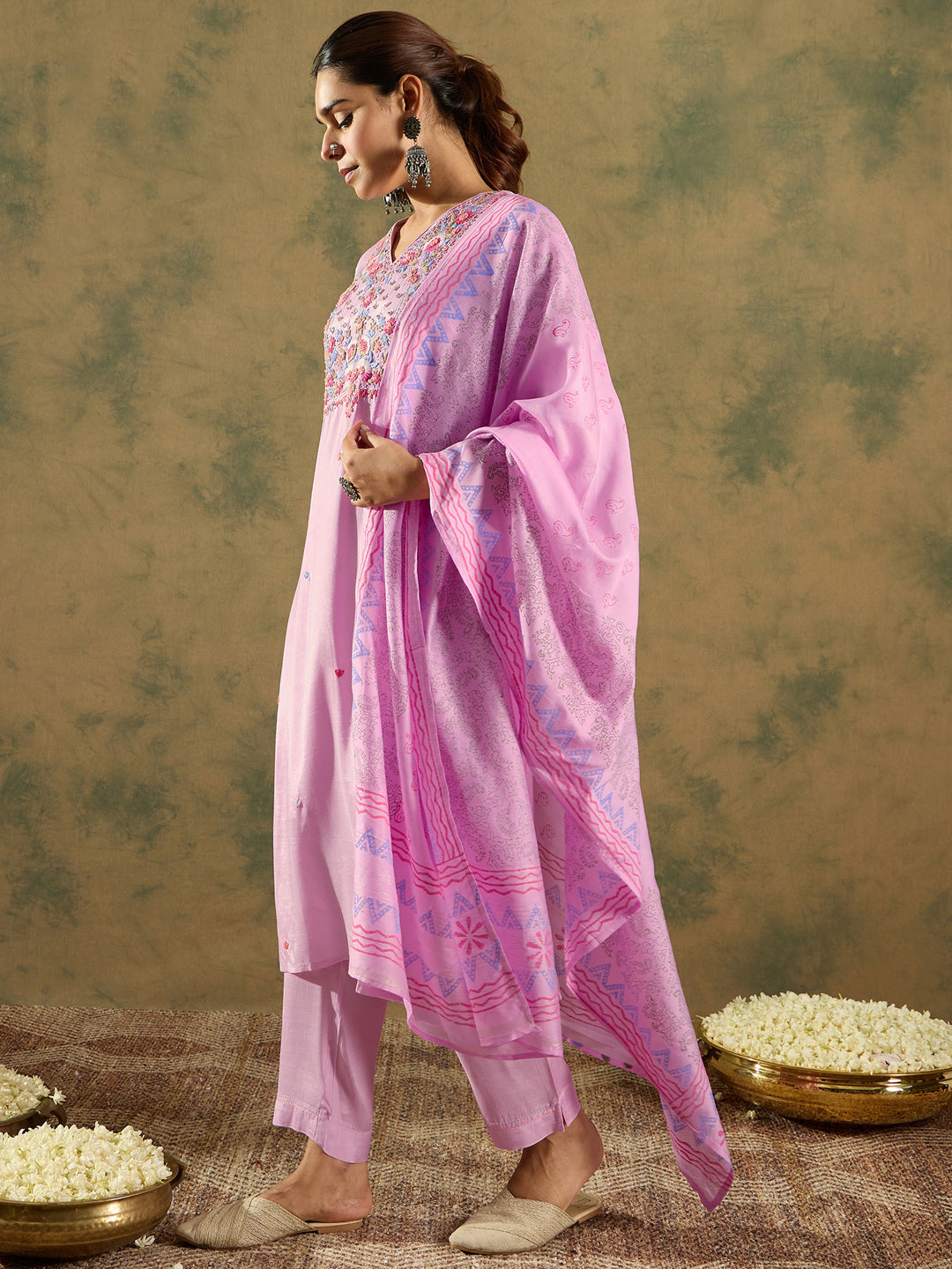 Lavender Embroidered Straight Kurta Trousers With Dupatta Set