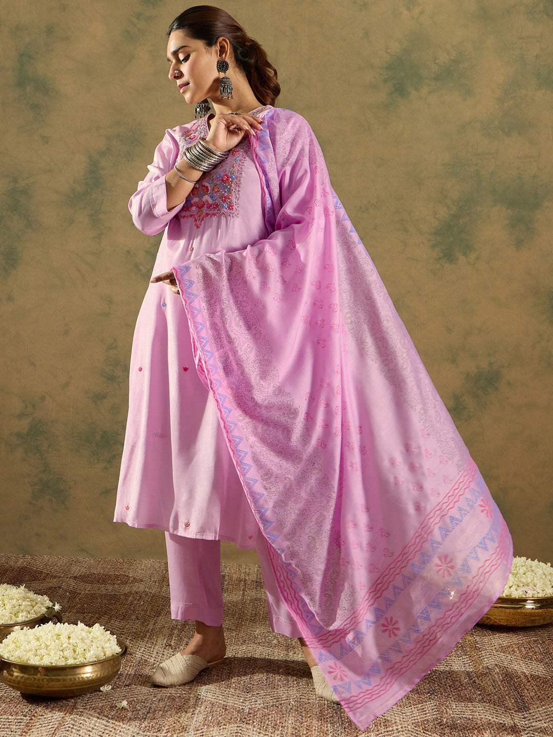 Lavender Embroidered Straight Kurta Trousers With Dupatta Set