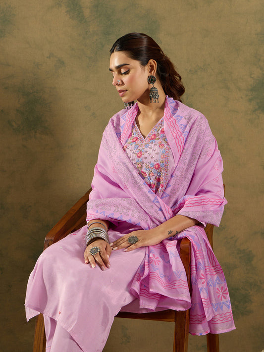 Lavender Embroidered Straight Kurta Trousers With Dupatta Set