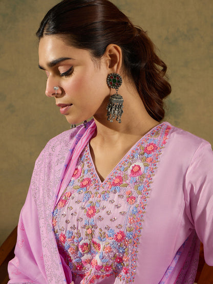 Lavender Embroidered Straight Kurta Trousers With Dupatta Set