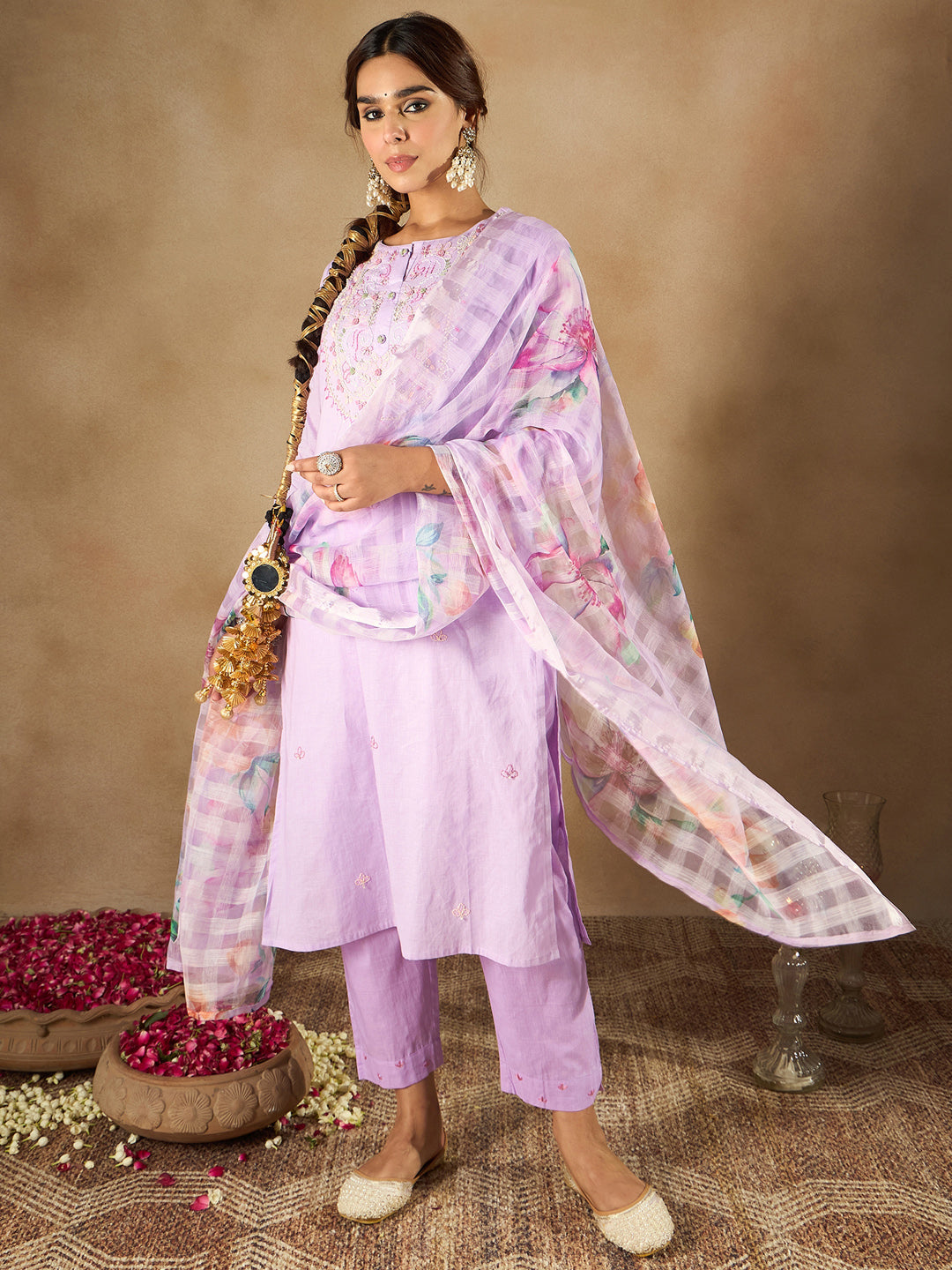 Indo Era Lavender Embroidered Straight Kurta Trousers With Dupatta Set