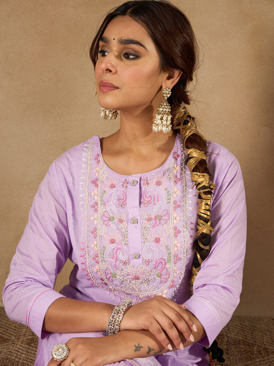 Indo Era Lavender Embroidered Straight Kurta Trousers With Dupatta Set