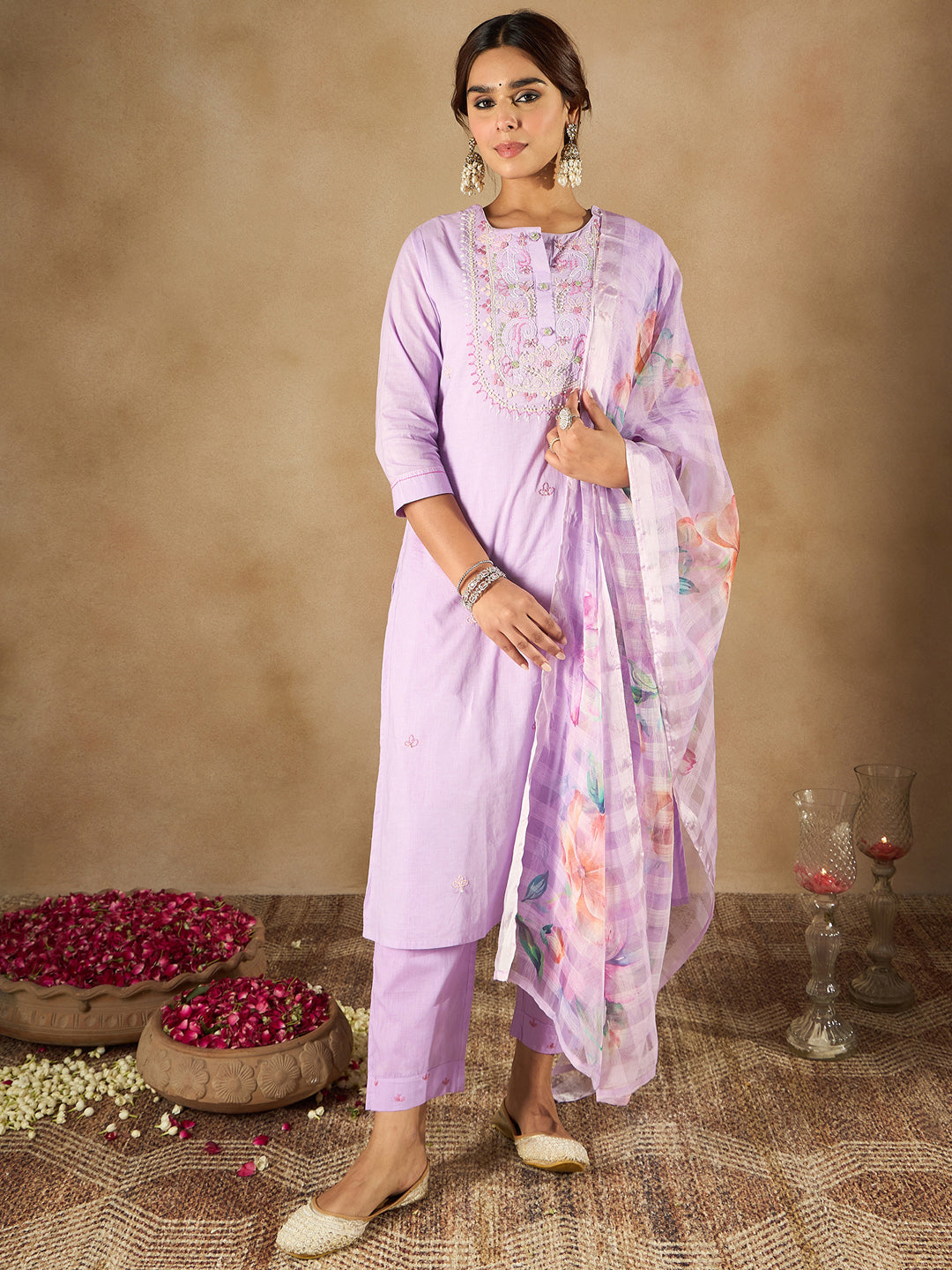 Indo Era Lavender Embroidered Straight Kurta Trousers With Dupatta Set