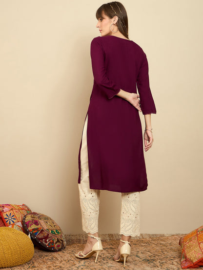 Maroon Embroidered Straight Kurtas