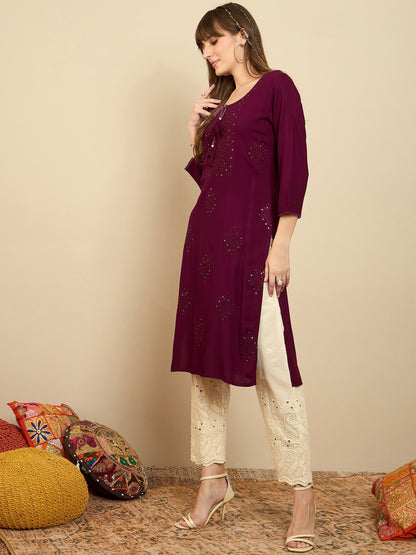 Maroon Embroidered Straight Kurtas