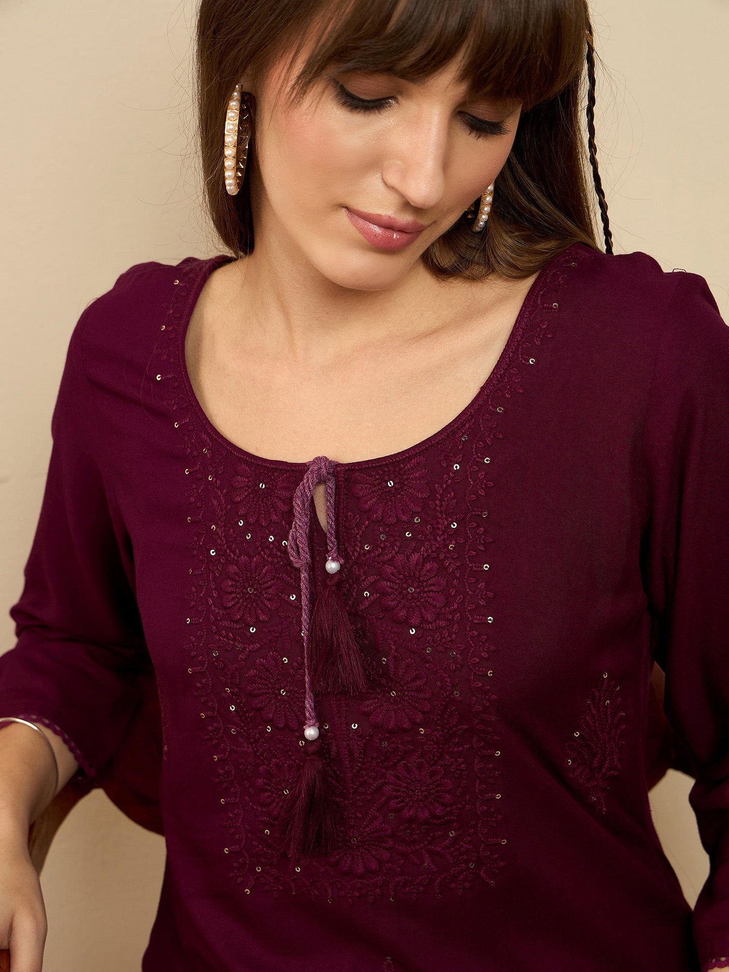 Maroon Embroidered Straight Kurtas