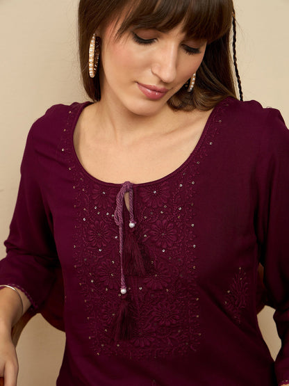 Maroon Embroidered Straight Kurtas