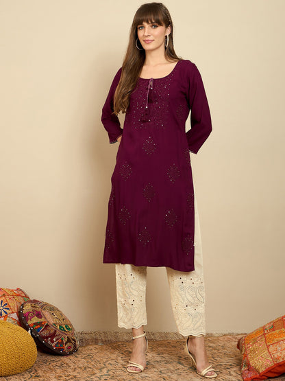 Maroon Embroidered Straight Kurtas