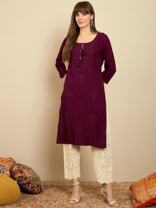 Maroon Embroidered Straight Kurtas