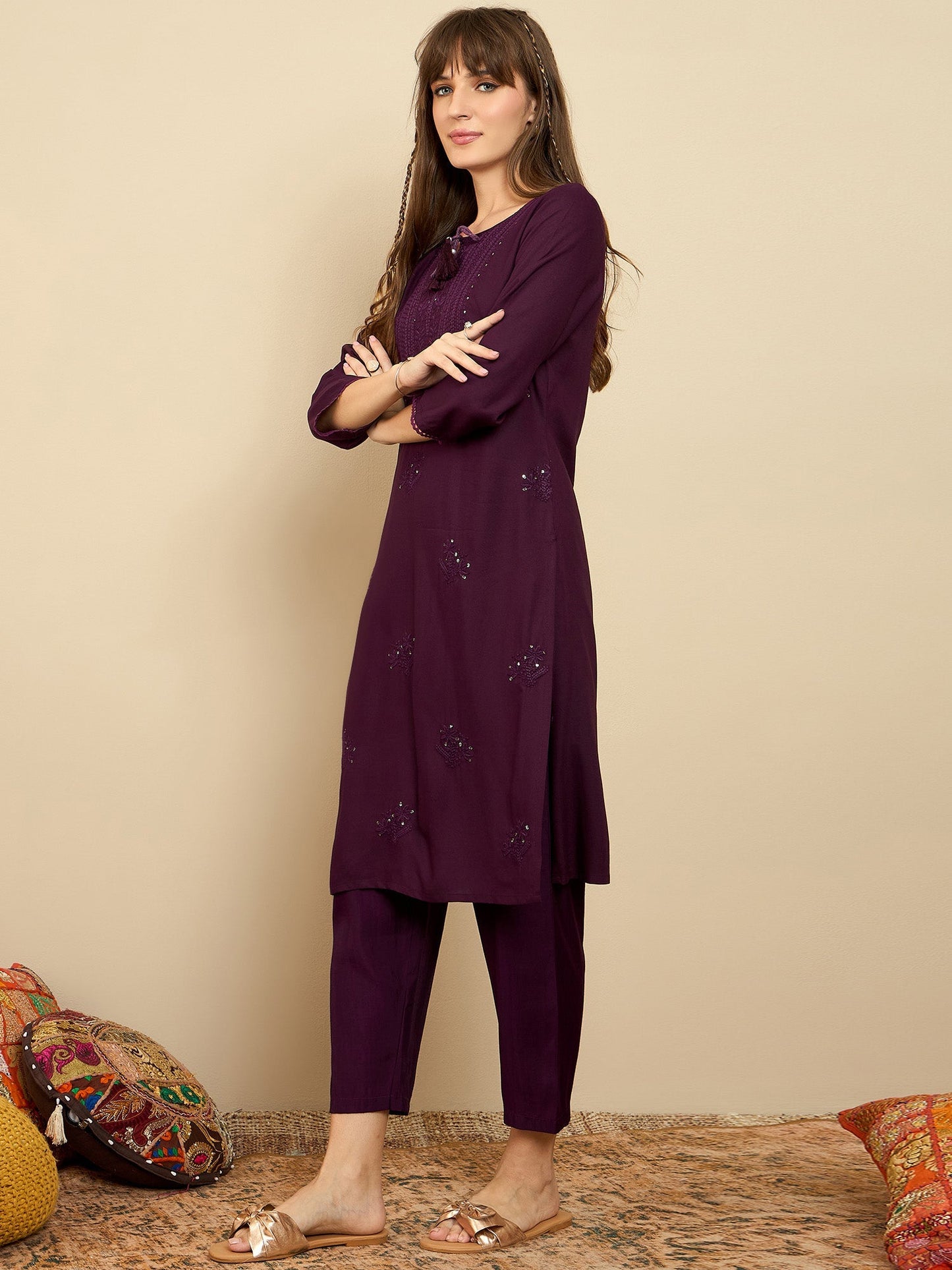 Indo Era Burgundy Embroidered Straight Kurtas