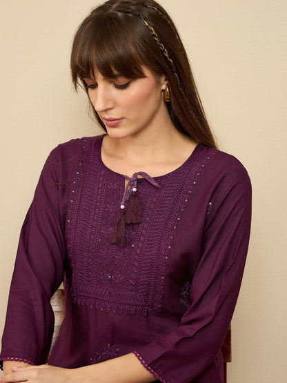 Indo Era Burgundy Embroidered Straight Kurtas