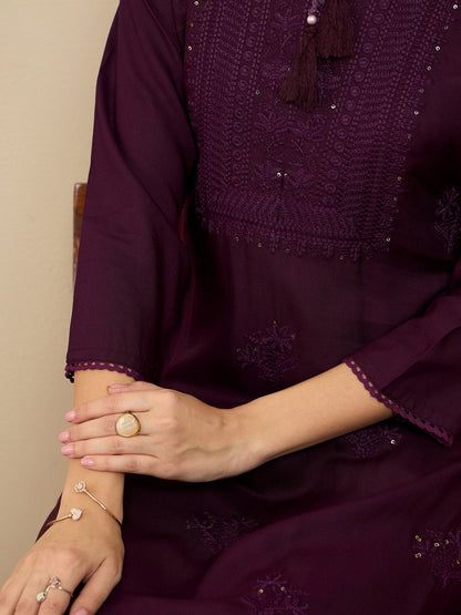 Indo Era Burgundy Embroidered Straight Kurtas