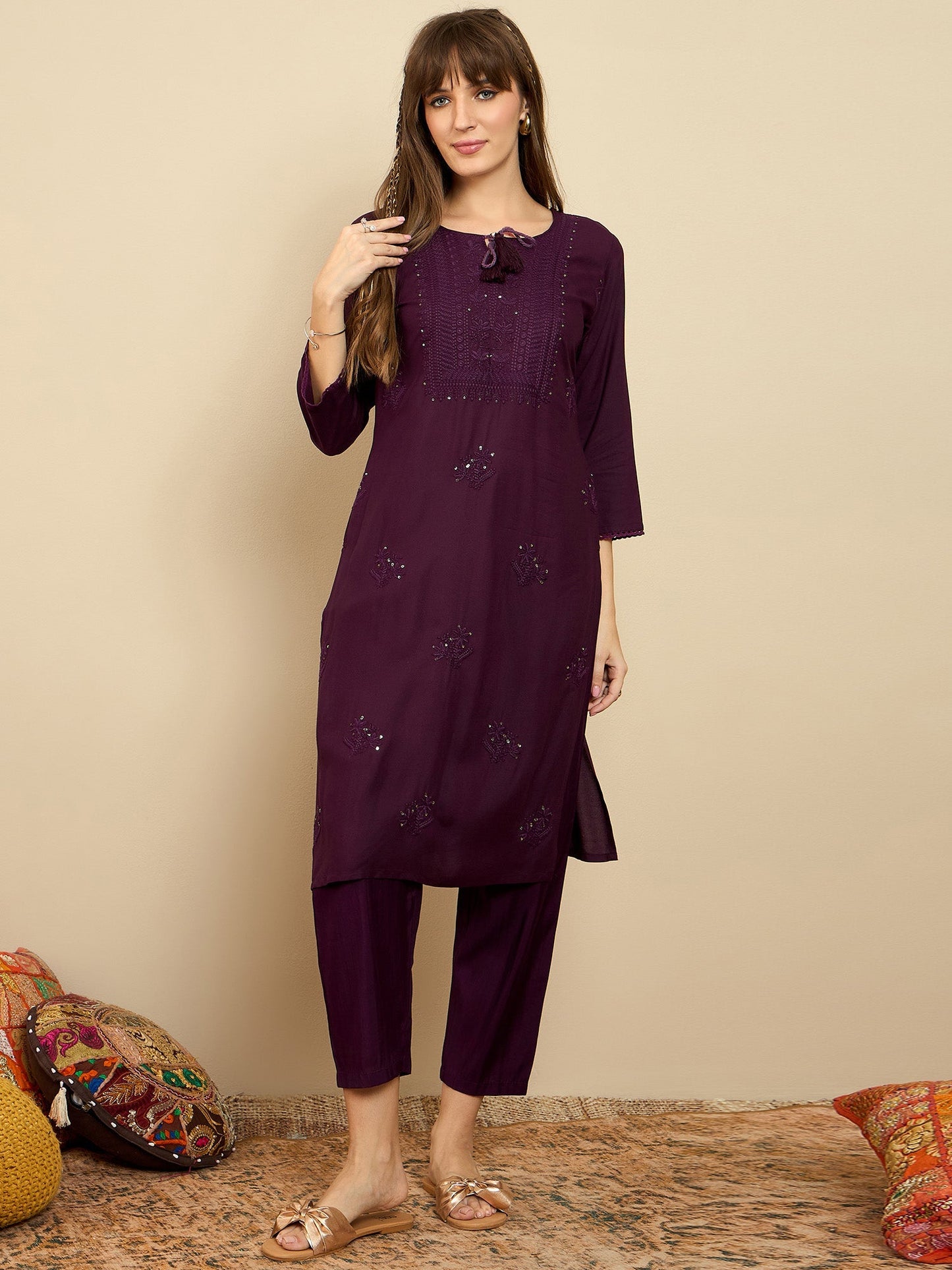 Indo Era Burgundy Embroidered Straight Kurtas