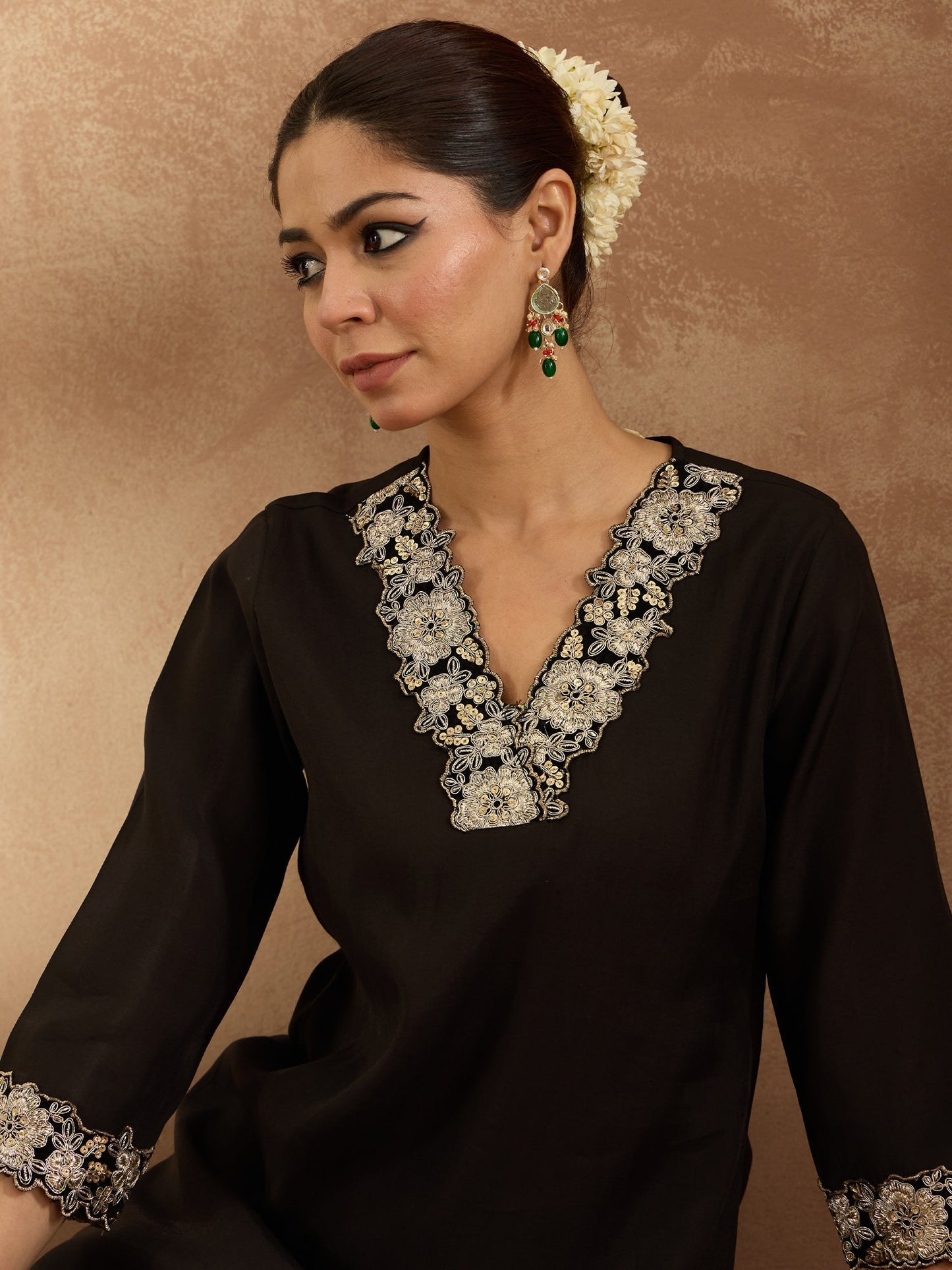 Indo Era Black Embroidered Straight Kurta Trousers  Set