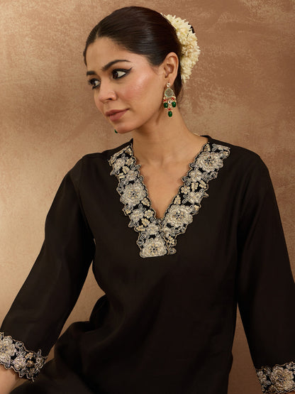 Indo Era Black Embroidered Straight Kurta Trousers  Set