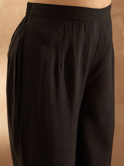 Indo Era Black Embroidered Straight Kurta Trousers  Set