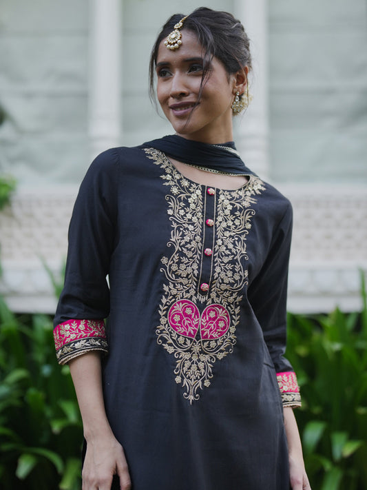 Indo Era Black Embroidered Straight Kurta Trousers With Dupatta set