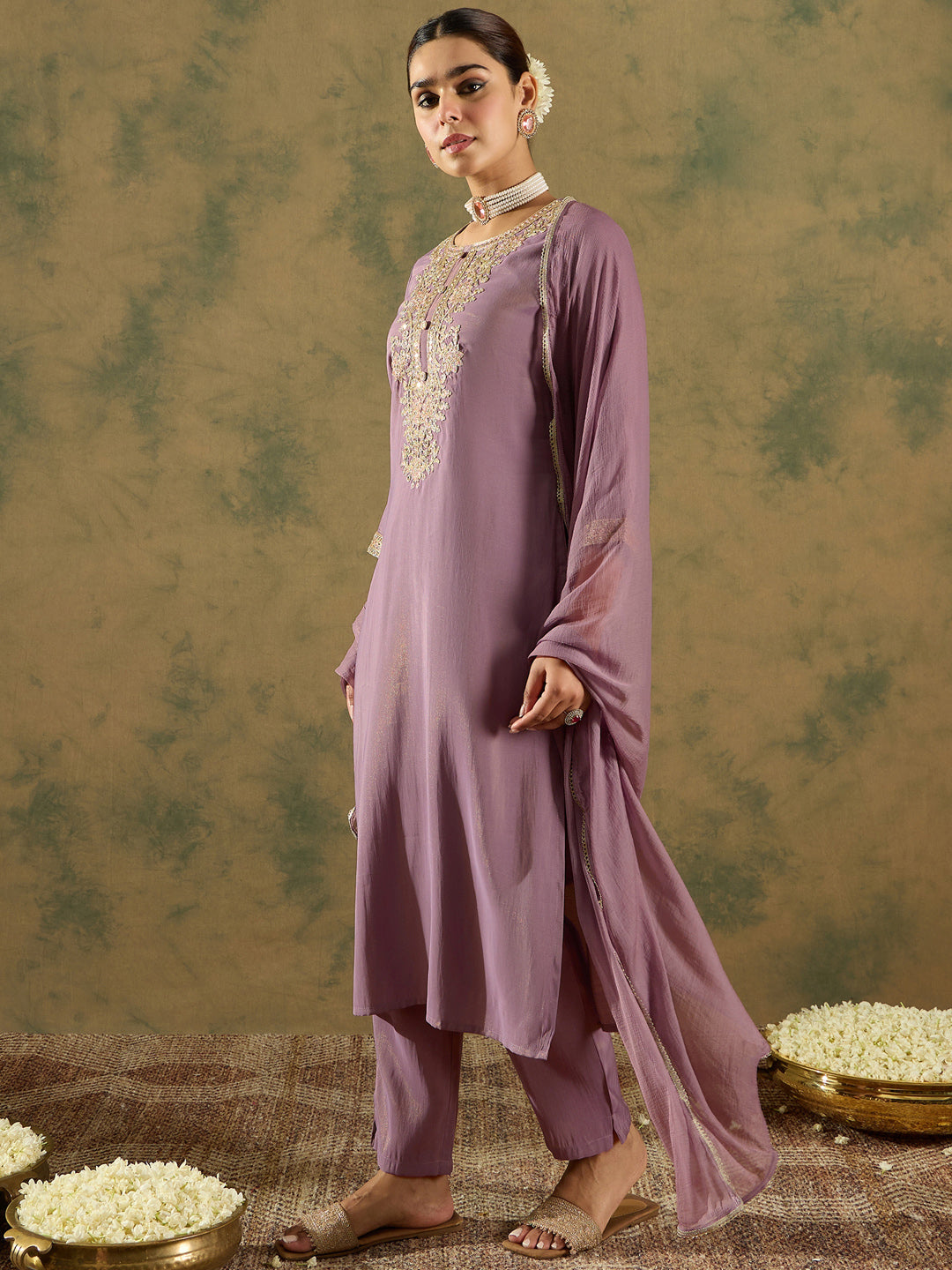 Indo Era Lavender Embroidered Straight Kurta Trousers With Dupatta Set