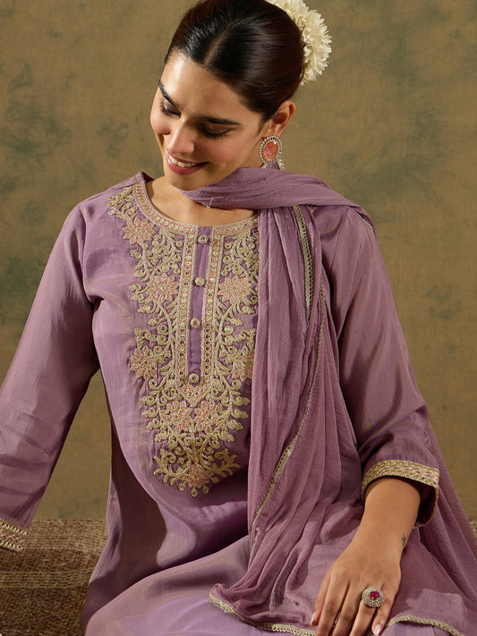 Indo Era Lavender Embroidered Straight Kurta Trousers With Dupatta Set