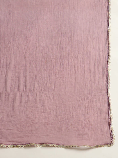 Indo Era Lavender Embroidered Straight Kurta Trousers With Dupatta Set