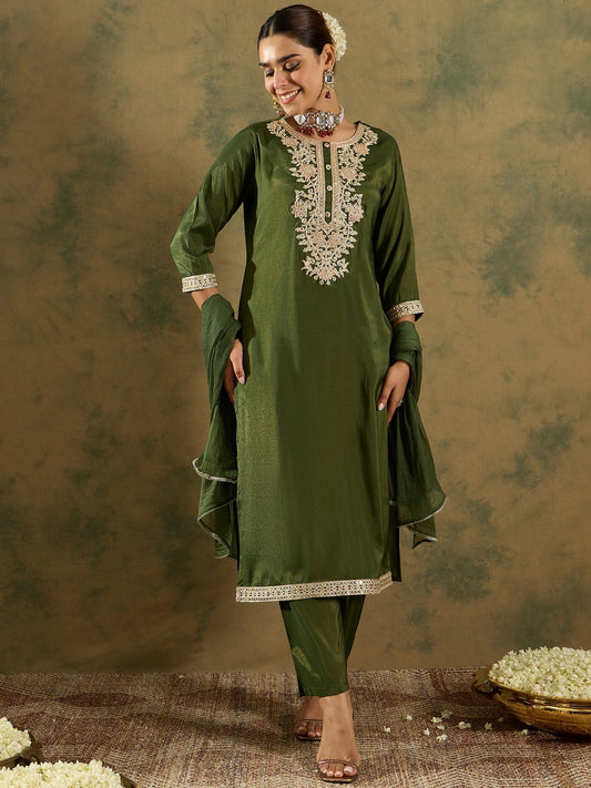 Indo Era Green Embroidered Straight Kurta Trousers With Dupatta Set