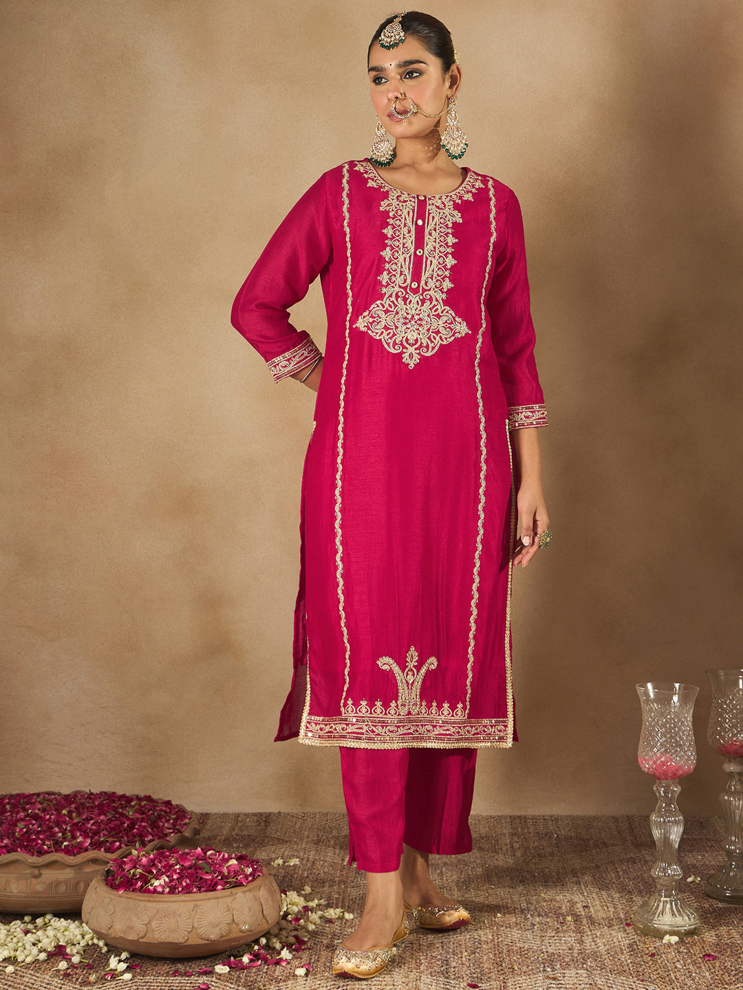 Indo Era Magenta Embroidered Straight Kurta Trousers With Dupatta Set