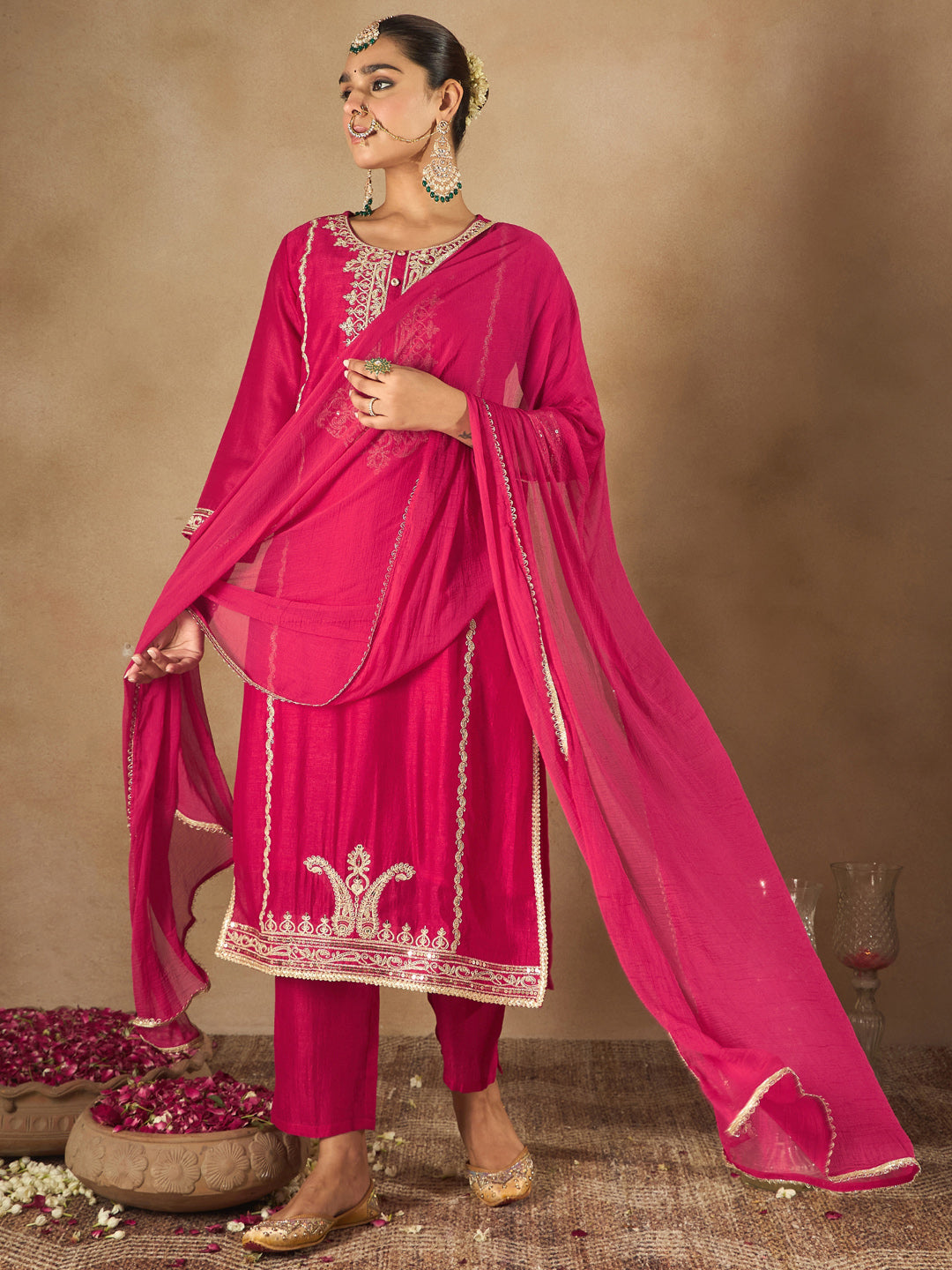 Indo Era Magenta Embroidered Straight Kurta Trousers With Dupatta Set