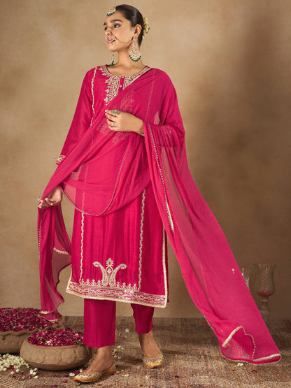Indo Era Magenta Embroidered Straight Kurta Trousers With Dupatta Set