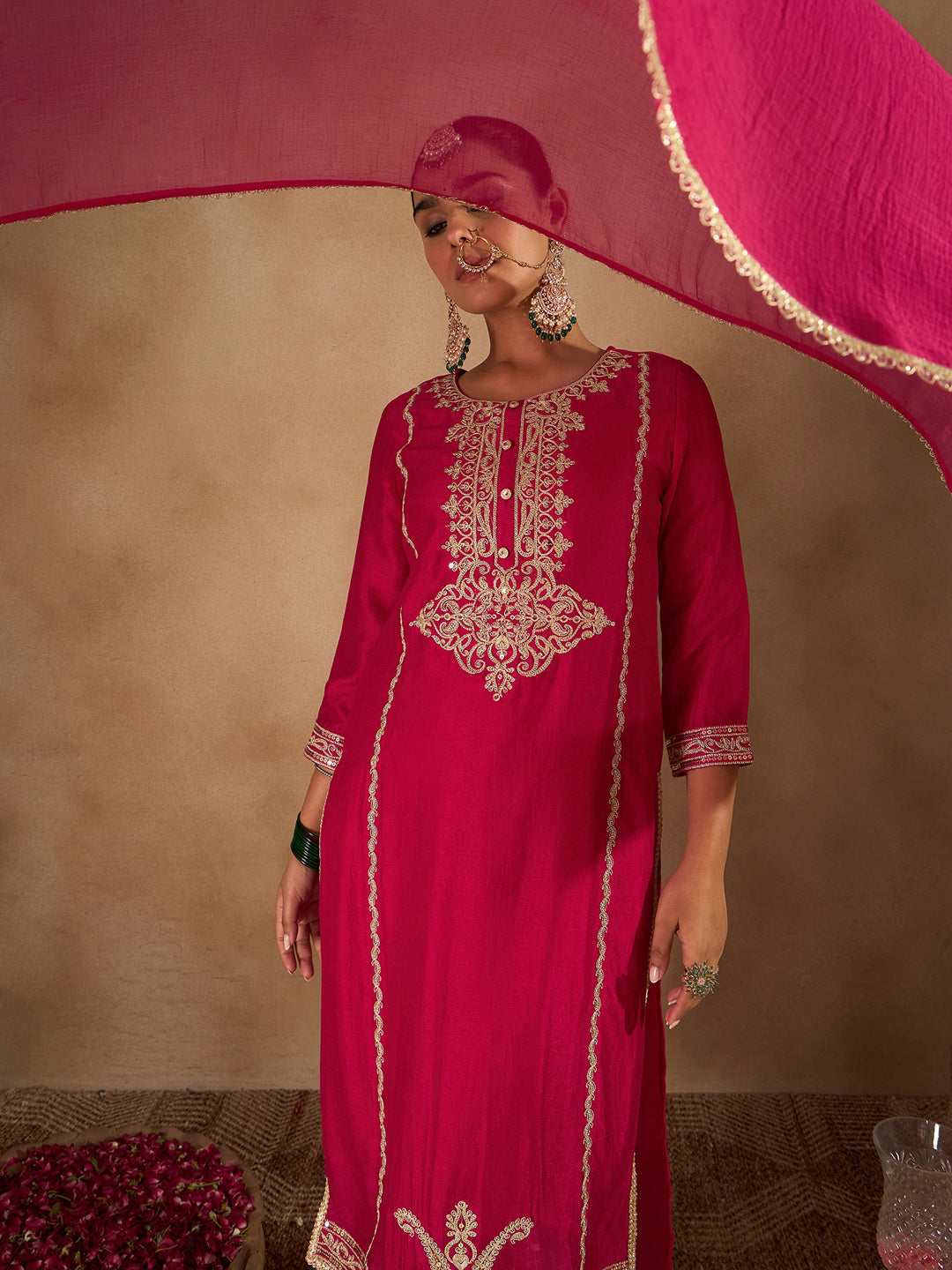 Indo Era Magenta Embroidered Straight Kurta Trousers With Dupatta Set